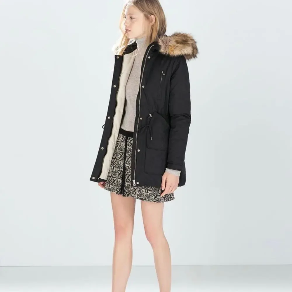 Zara Trafaluc Parka‎ Coat Black Faux Fur Size Small 3427/225/800 Winter